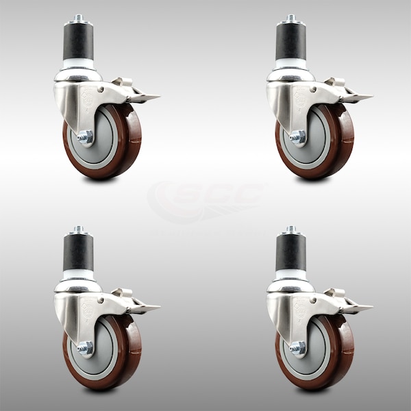 Service Caster 4 Inch 316SS Maroon Poly Swivel 1-7/8 Inch Expanding Stem Caster Set Lock Brake SCC-SS316TTLEX20S414-PPUB-MRN-178-4 - main